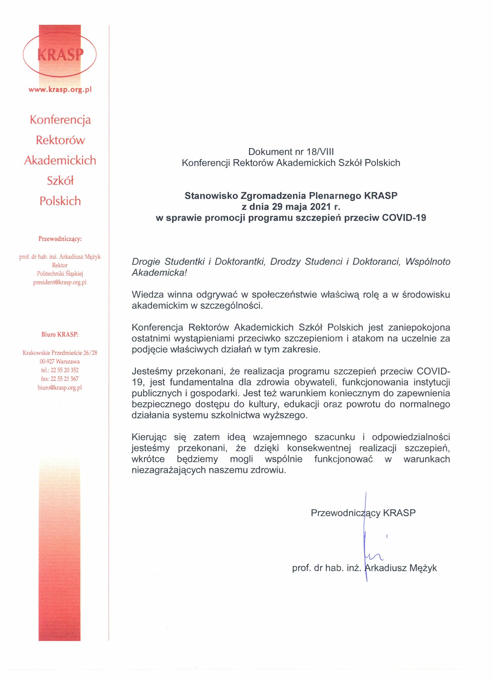 Stanowisko ZP KRASP w sprawie promocji programu szczepień przeciw COVID-19