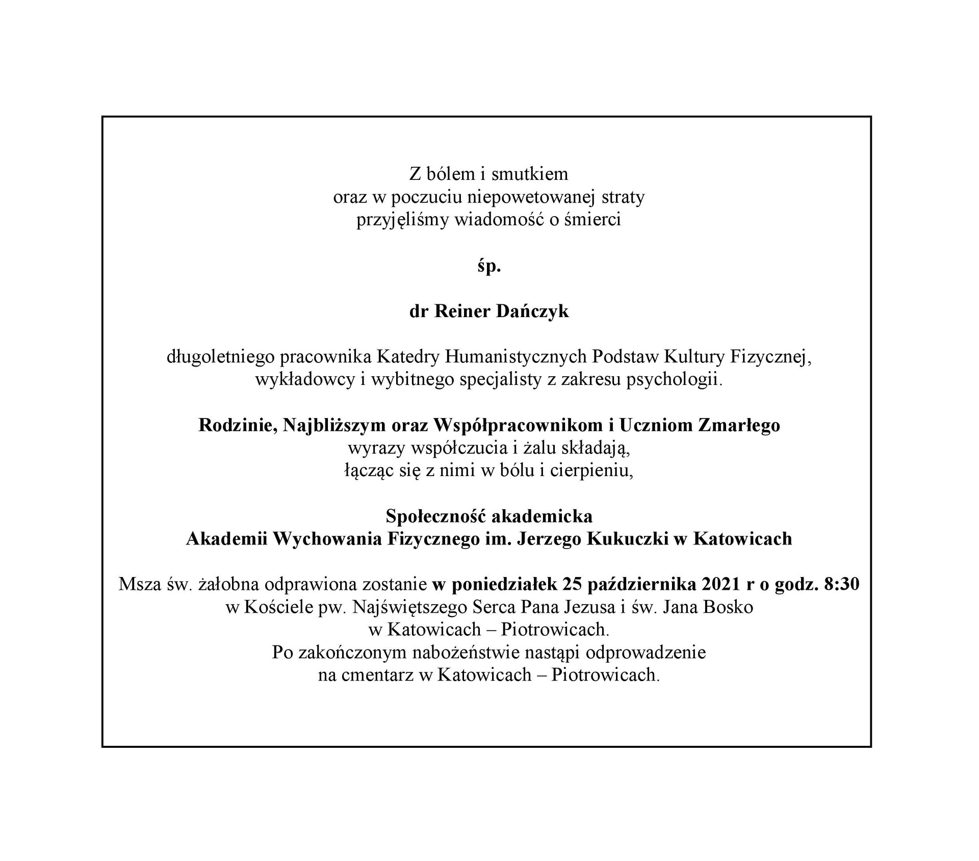 Nekrolog śp. dr Reiner Dańczyk