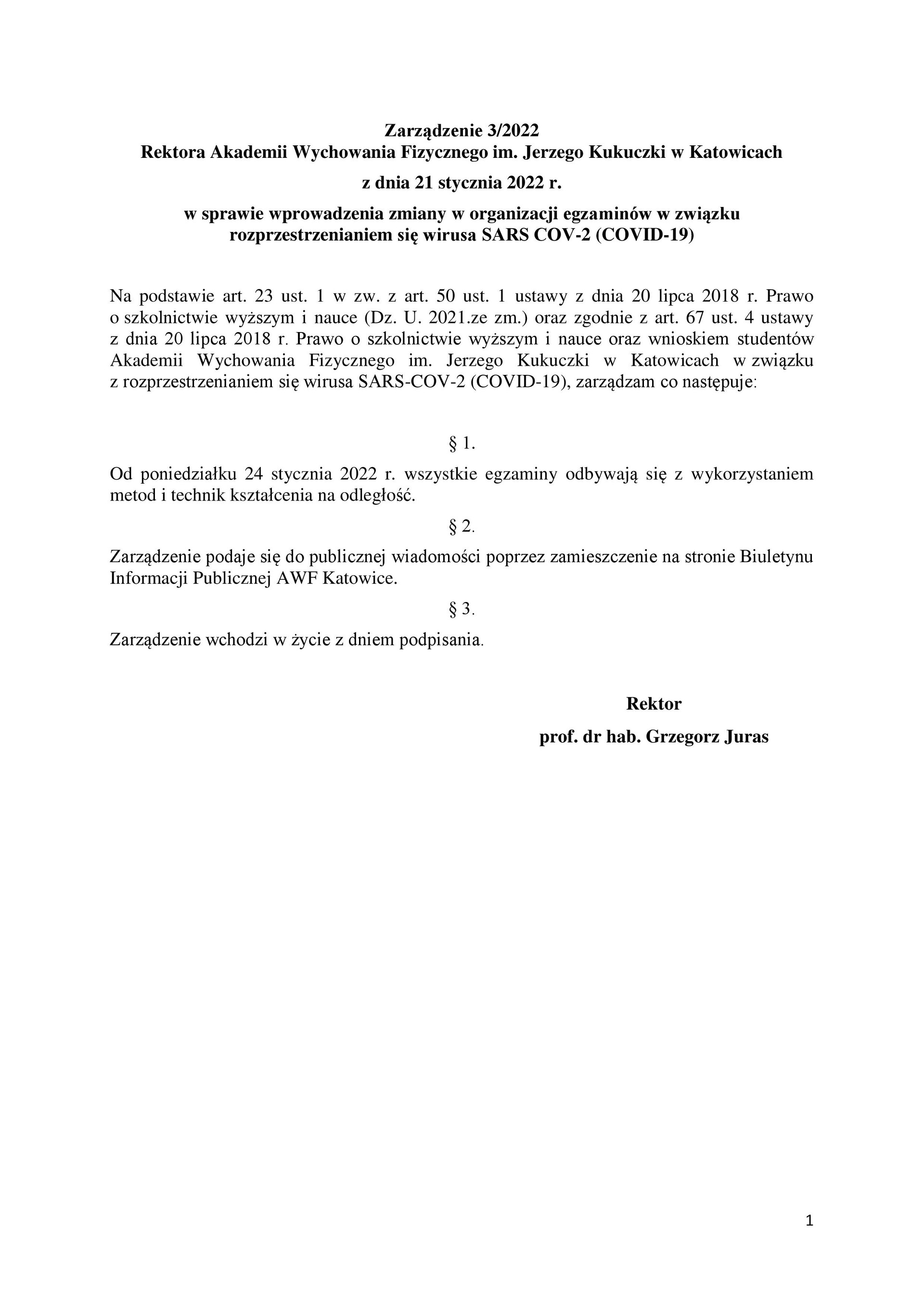 Zarządzenie 3/2022 Rektora Akademii Wychowania Fizycznego im. Jerzego Kukuczki w Katowicach