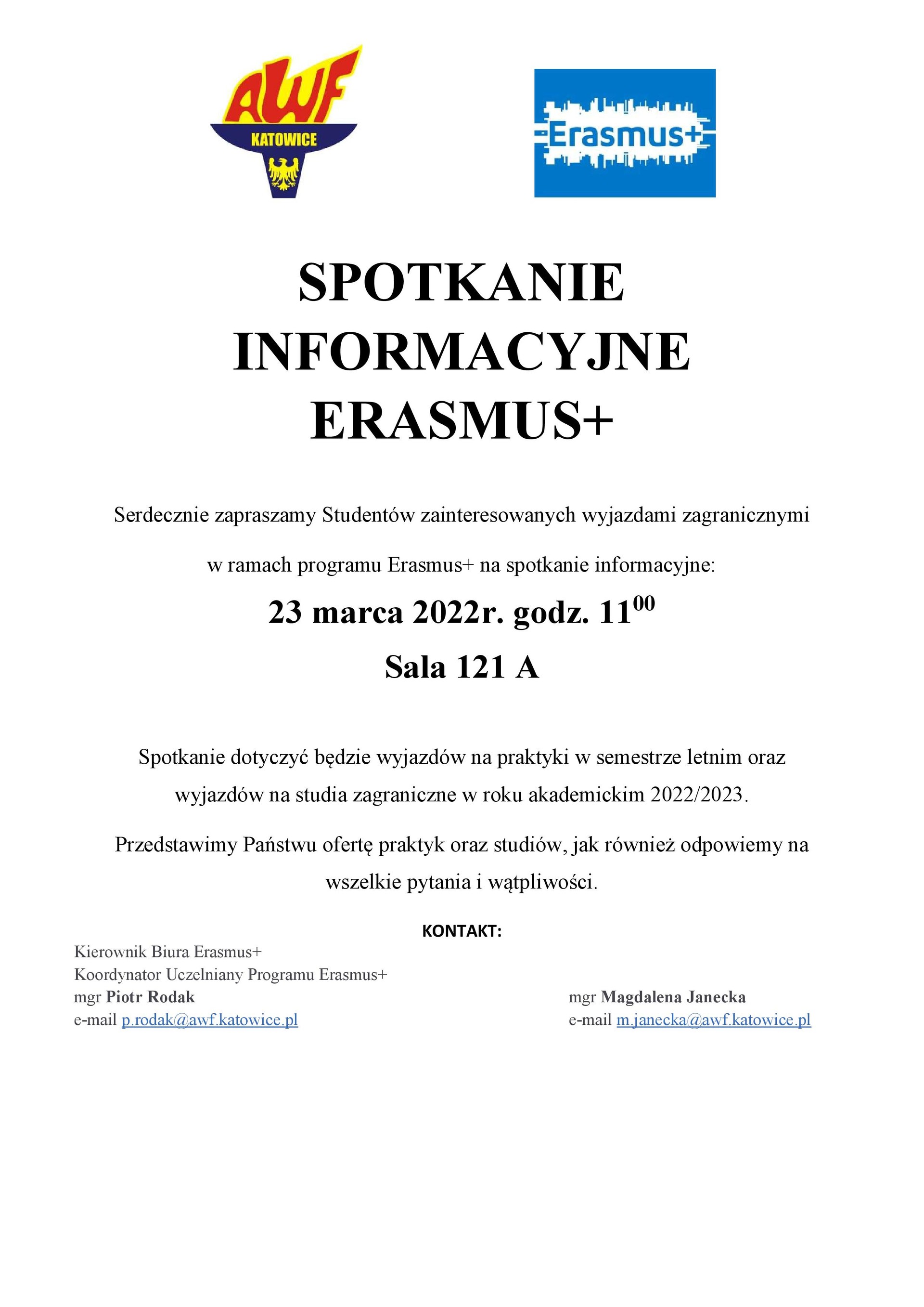 Plakat Spotkanie Informacyjne ERASMUS+