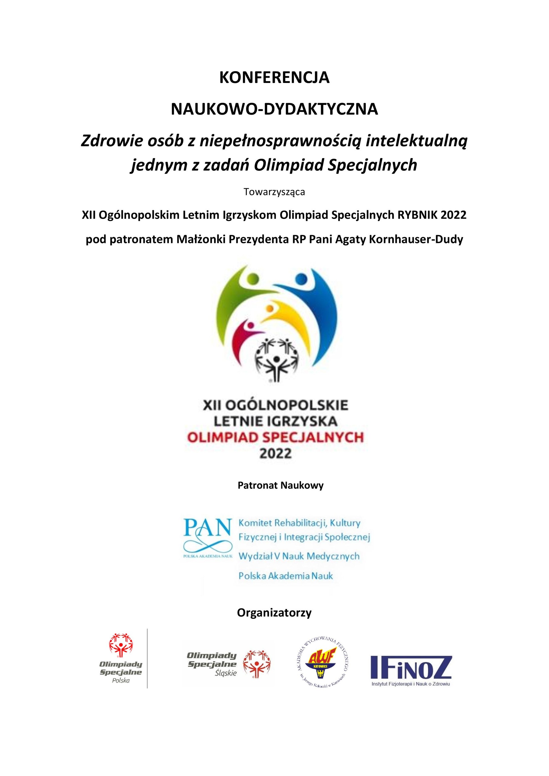 Plakat dotyczący konferencji naukowo-dydaktycznej o treści "Zdrowie osób z niepełnosprawnością intelektualną jednym z zadań Olimpiad Specjalnych"