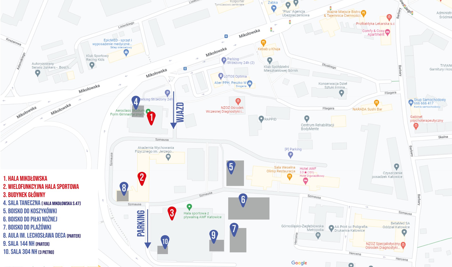 Mapa wskazująca gdzie znajduję się AWF Katowice
