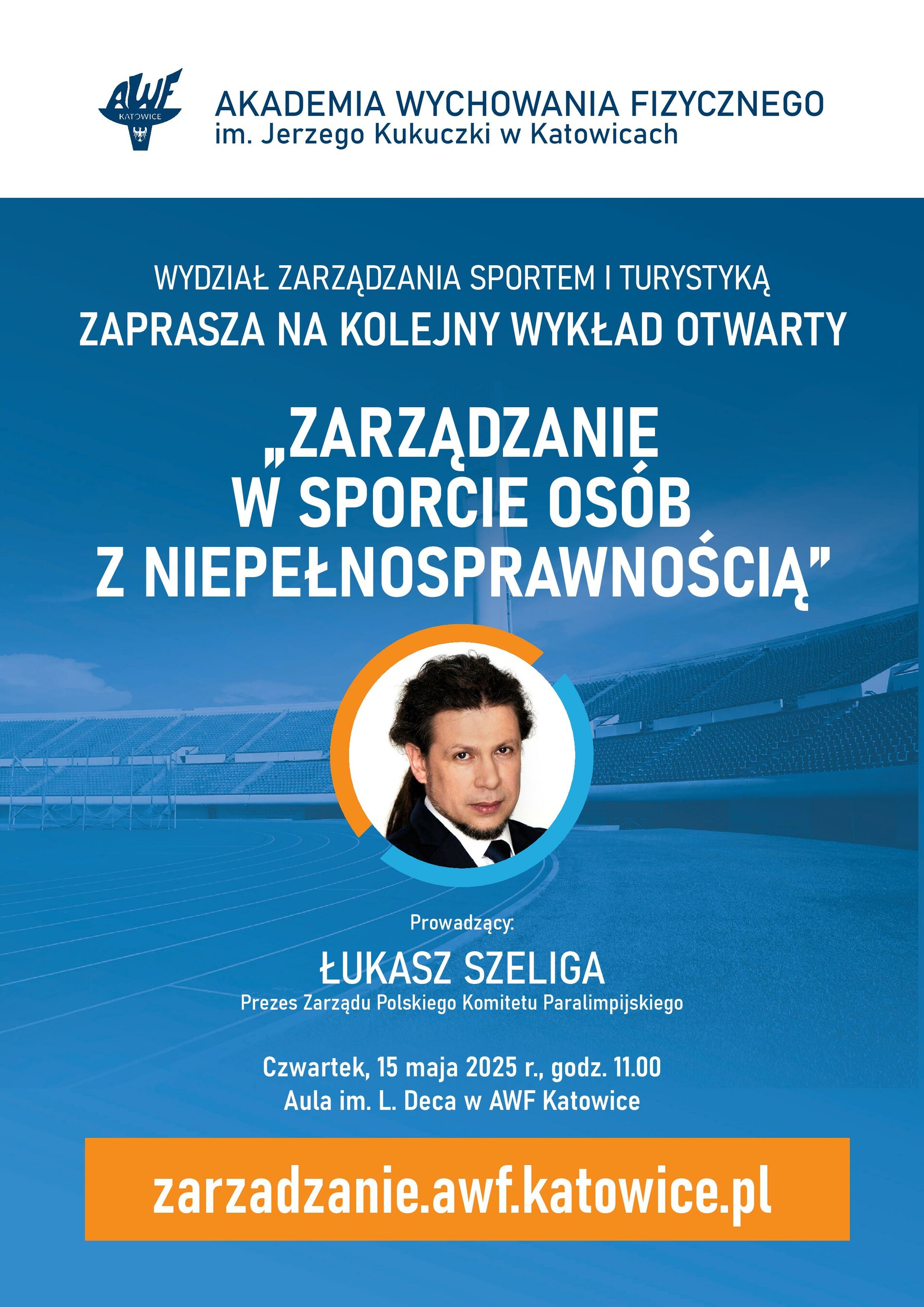 Plakat zapraszający na wydarzenie "Zarządzanie w sporcie osób z niepełnosprawnością"