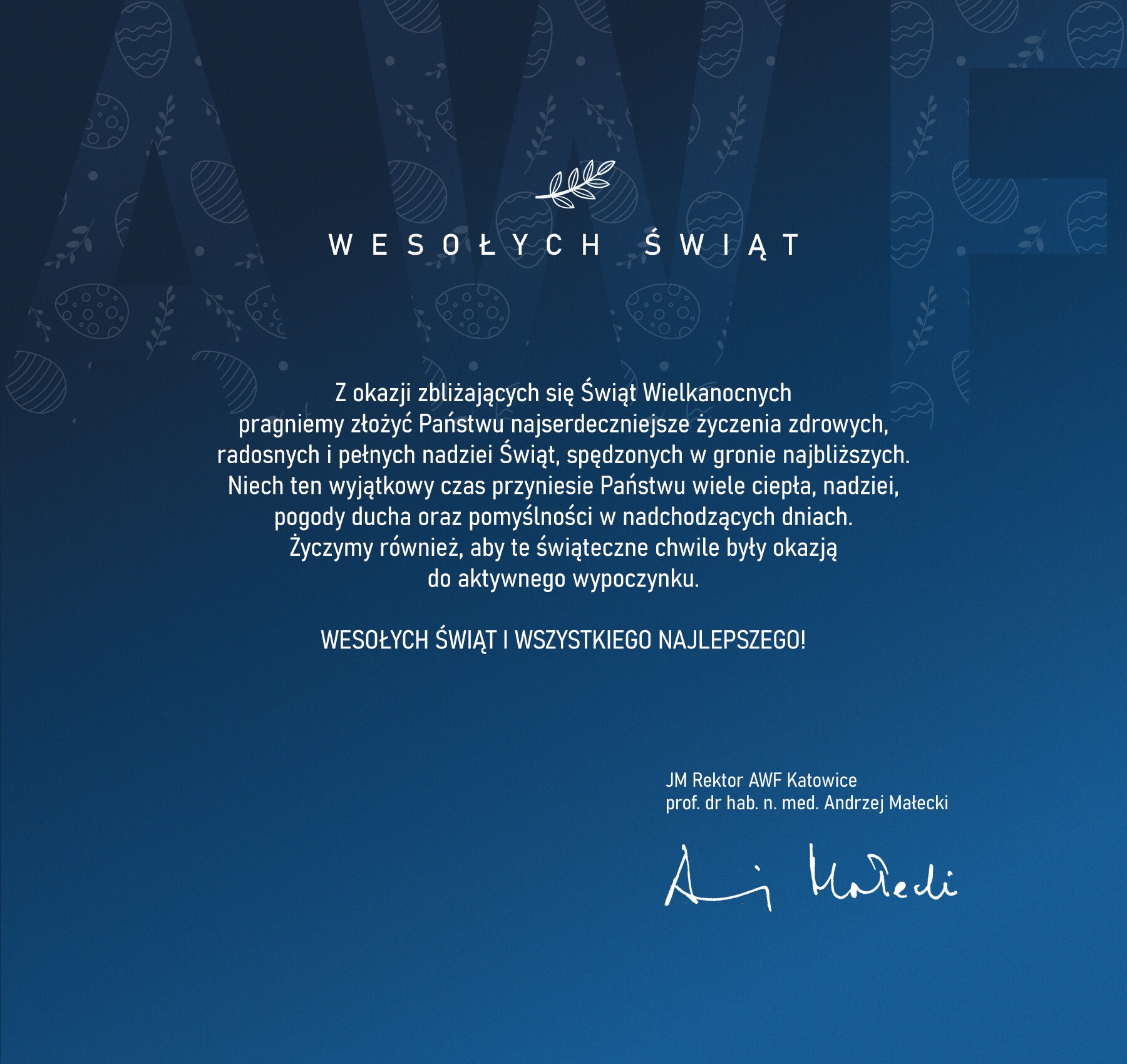 grafika - kartka z życzeniami Wielkanocnymi. Z okazji zbliżających się Świąt Wielkanocnych pragniemy złożyć Państwu najserdeczniejsze życzenia zdrowych, radosnych i pełnych nadziei Świąt, spędzonych w gronie najbliższych. Niech ten wyjątkowy czas przyniesie Państwu wiele ciepła, nadziei, pogody ducha oraz pomyślności w nadchodzących dniach. Życzymy również, aby te święta były okazją do aktywnego wypoczynku. WESOŁYCH SWIĄT I WSZYTSKEIGO NAJLEPSZEGO !