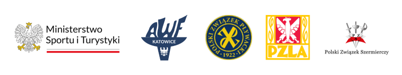 loga: Ministerstwo Sportu i Turystyki, AWF Katowice, Polski Związek Pływacki, Polski Związek Lekkiej Atletyki, Polski Związek Szermierczy 