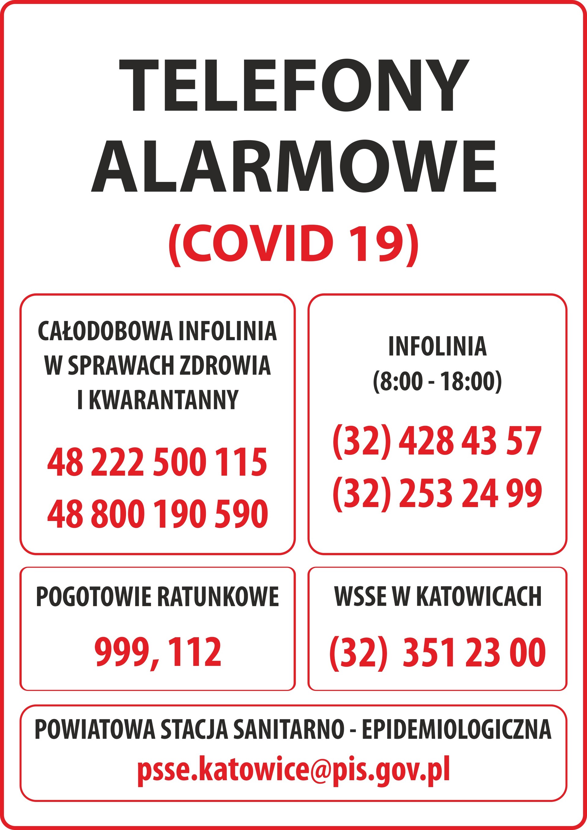 Plakat telefony alarmowe podczas covid 19